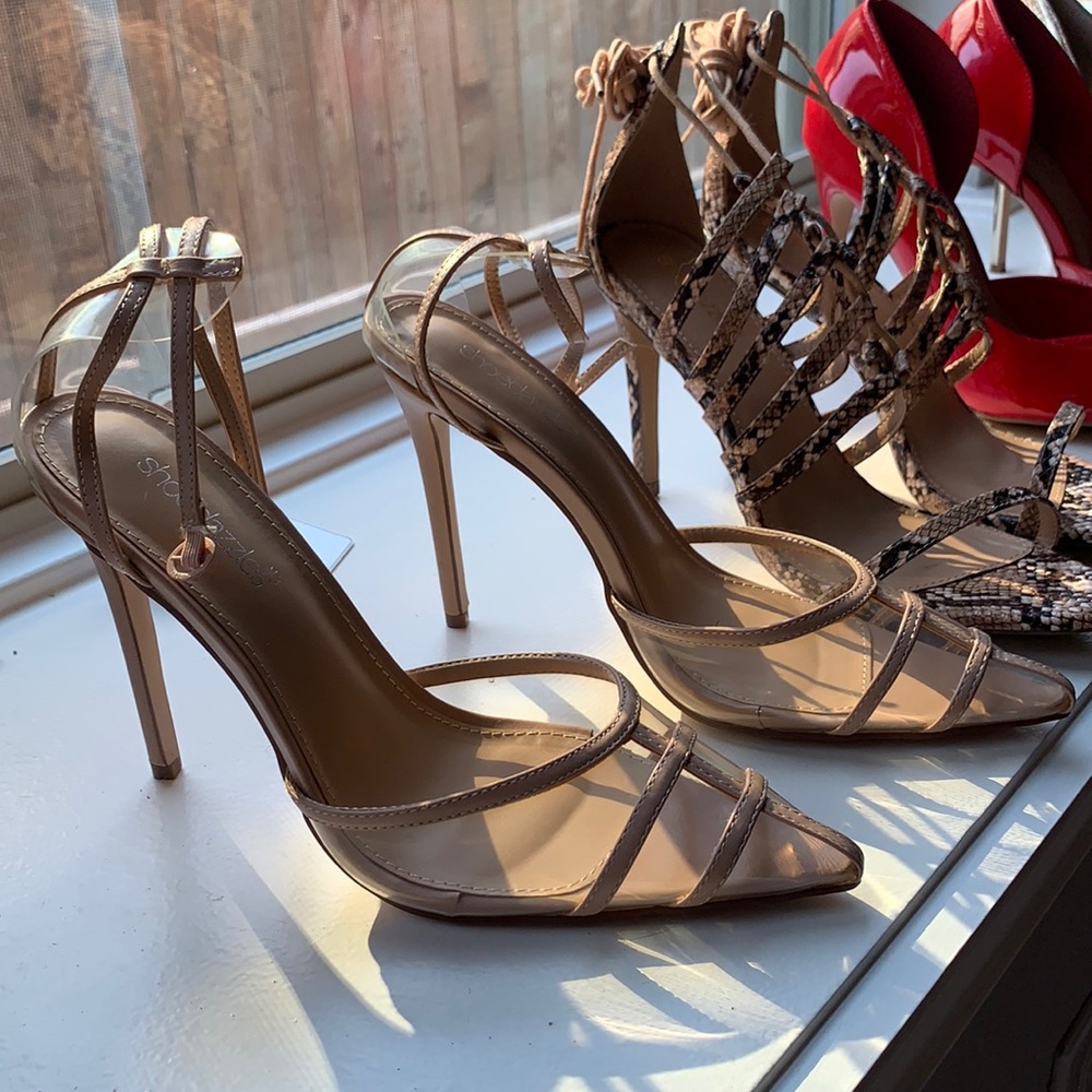 NEVER WORN! Clear Toed Pumps with Ankle Straps.